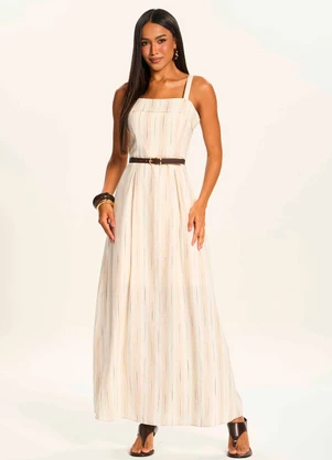 Doce Trama - Vestido Longo Evasê em Linho com Cinto Branco - DOCE TRAMA