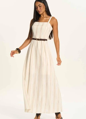 Doce Trama - Vestido Longo Evasê em Linho com Cinto Branco - DOCE TRAMA