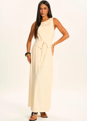 Doce Trama - Vestido Longo Evasê em Linho com Faixa Branco - DOCE TRAMA
