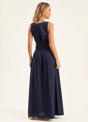 Doce Trama - Vestido Longo Evasê em Linho com Faixa Duna Azul - DOCE TRAMA