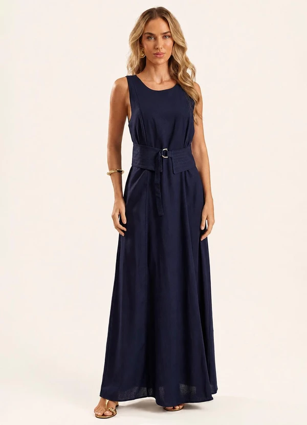 Doce Trama - Vestido Longo Evasê em Linho com Faixa Duna Azul