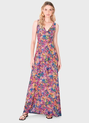 Enfim - Vestido Longo Evasê Floral Fúcsia - ENFIM