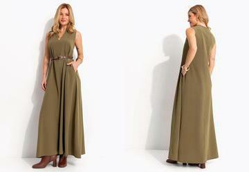 Vestido Longo Evas� Verde Oliva com Bolsos e Gola Padre