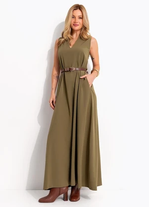 Quintess - Vestido Longo Evasê Verde Oliva com Bolsos e Gola Padre - QUINTESS