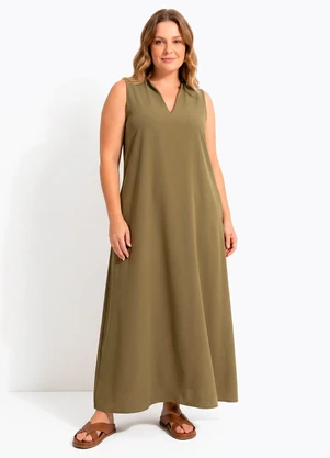 Quintess - Vestido Longo Evasê Verde Oliva com Bolsos e Gola Padre - QUINTESS