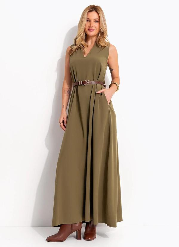 Vestido Longo Evas� Verde Oliva com Bolsos e Gola Padre