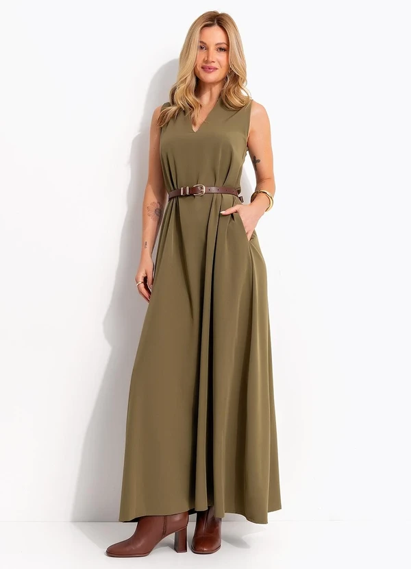 Quintess - Vestido Longo Evasê Verde Oliva com Bolsos e Gola Padre 1