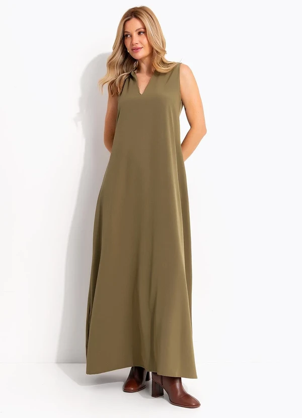 Quintess - Vestido Longo Evasê Verde Oliva com Bolsos e Gola Padre 3