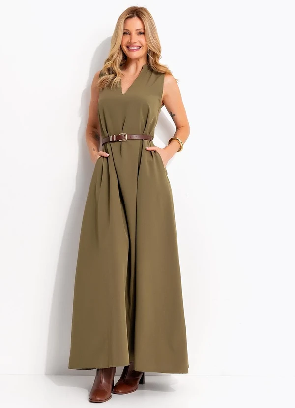 Quintess - Vestido Longo Evasê Verde Oliva com Bolsos e Gola Padre 5