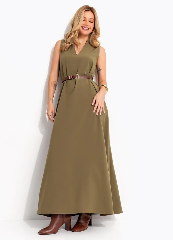 Quintess - Vestido Longo Evasê Verde Oliva com Bolsos e Gola Padre 6