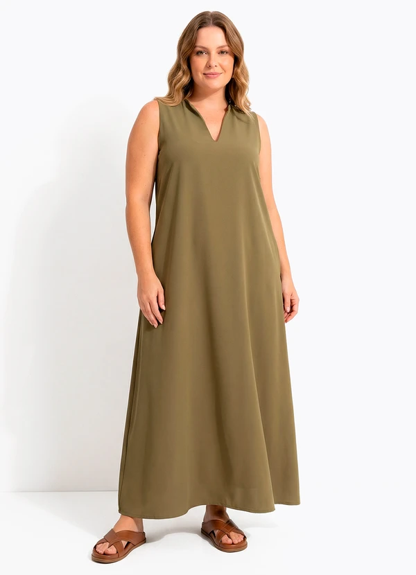 Quintess - Vestido Longo Evasê Verde Oliva com Bolsos e Gola Padre 7