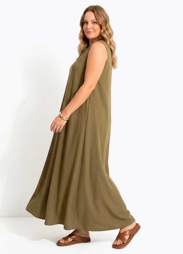Quintess - Vestido Longo Evasê Verde Oliva com Bolsos e Gola Padre 8