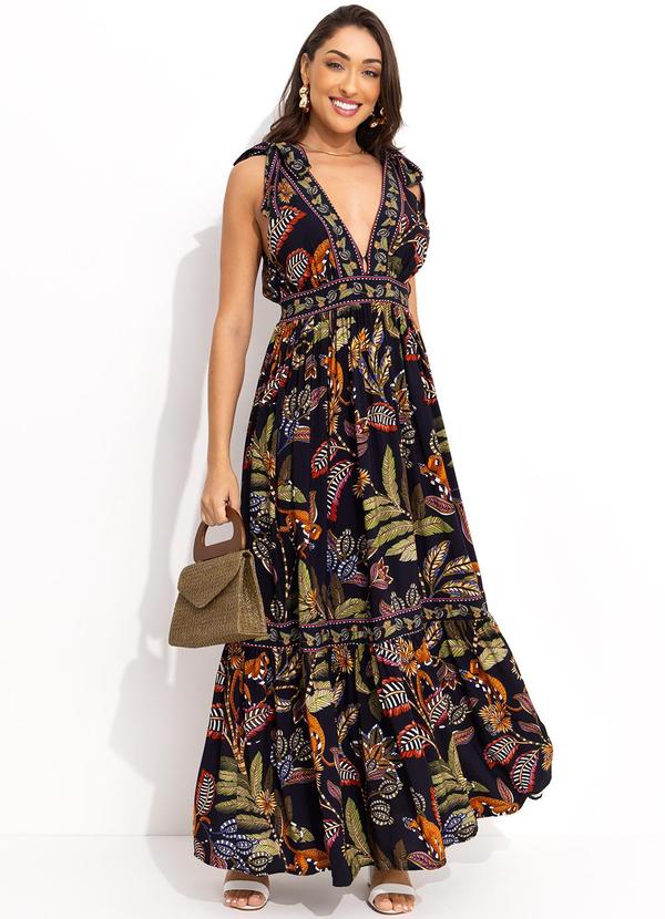 Farm - Vestido Longo Festa de Caju Preto