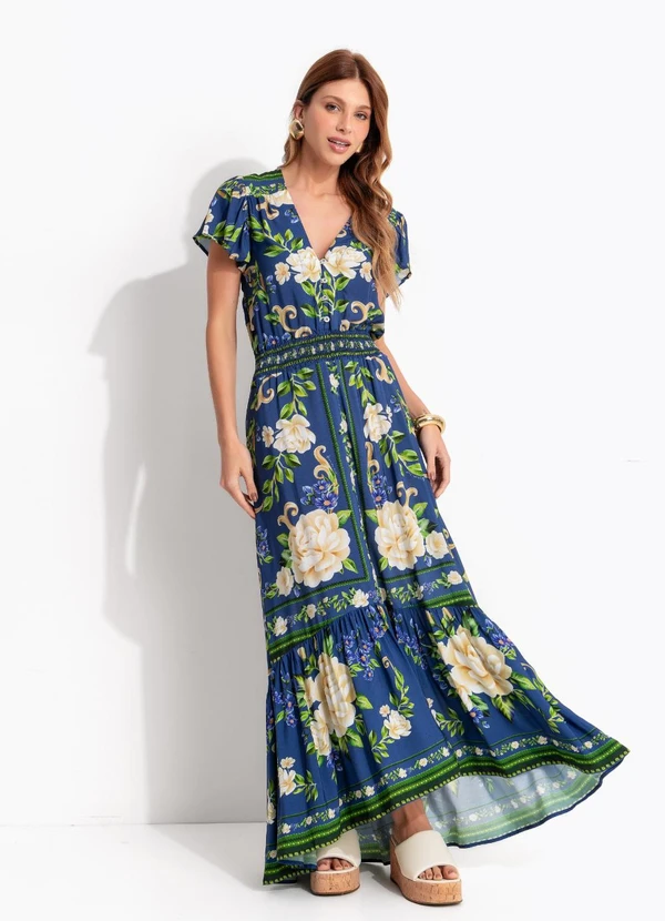 Farm - Vestido Longo Flor Celeste Azul