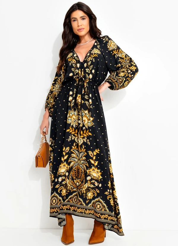 Farm - Vestido Longo Flora Abacaxi Preto