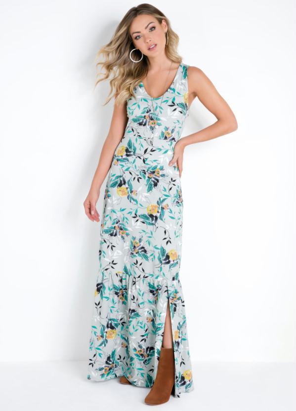 Quintess - Vestido Longo Floral Azul Claro com Franzidos