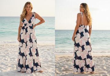 Vestido Longo Floral Azul com Alas e Babado