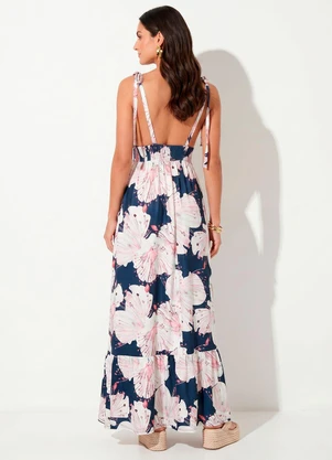 Quintess - Vestido Longo Floral Azul com Alças e Babado - QUINTESS