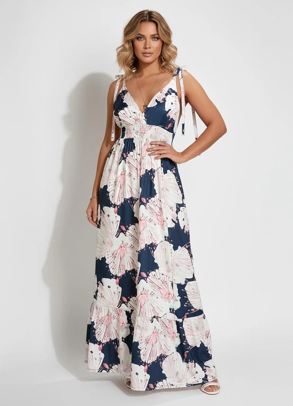 Quintess - Vestido Longo Floral Azul com Alças e Babado 4