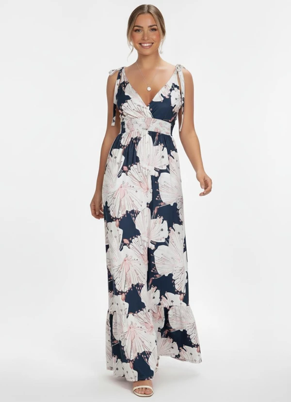 Quintess - Vestido Longo Floral Azul com Alças e Babado 7