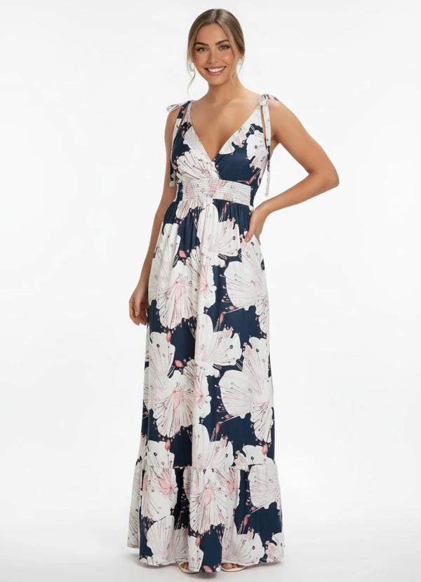 Quintess - Vestido Longo Floral Azul com Alças e Babado 8