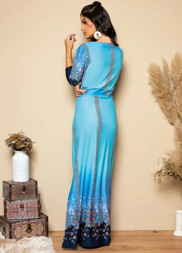 Quintess - Vestido Longo Floral Azul com Fendas 2