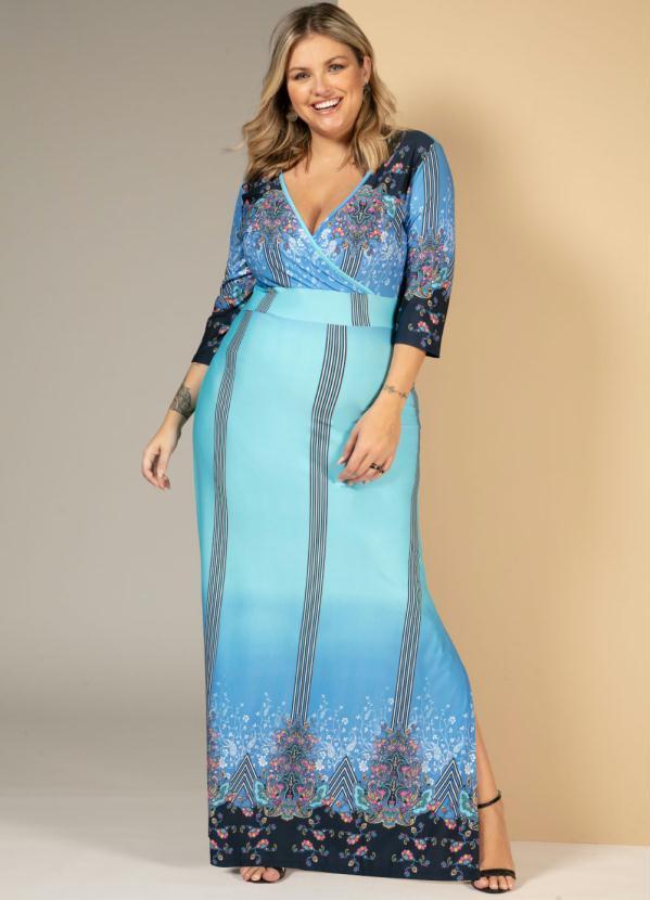 Quintess - Vestido Longo Floral Azul com Fendas