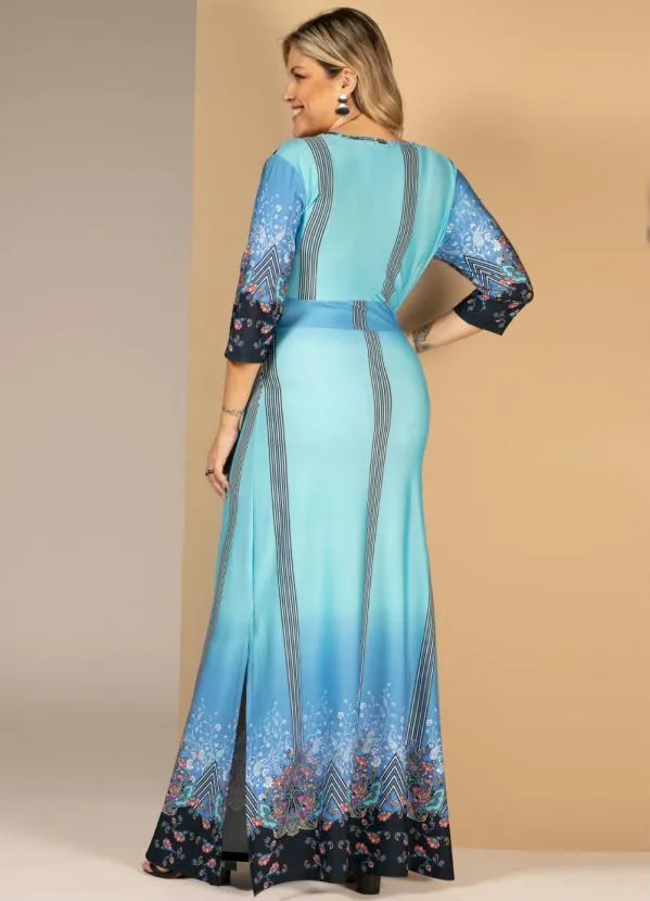 Quintess - Vestido Longo Floral Azul com Fendas 4