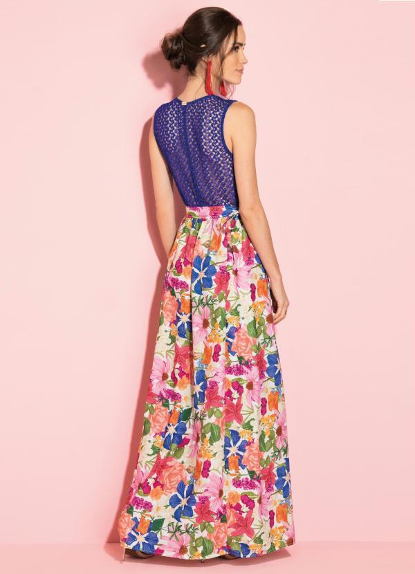 Quintess - Vestido Longo Floral Azul com Renda 2