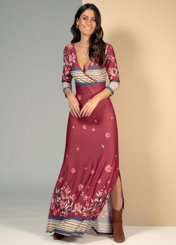 Quintess - Vestido Longo Floral Bordô com Fendas