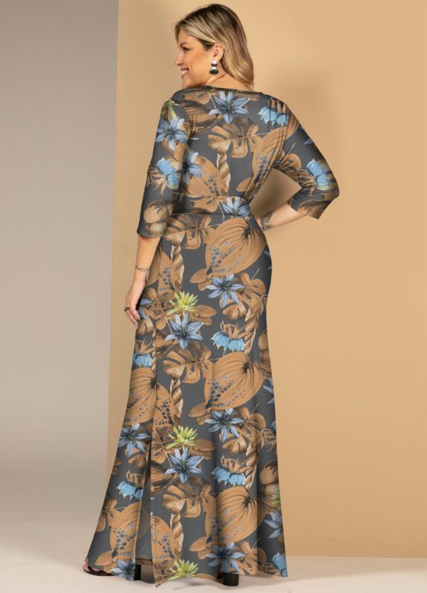 Quintess - Vestido Longo Floral Cinza com Fendas 4