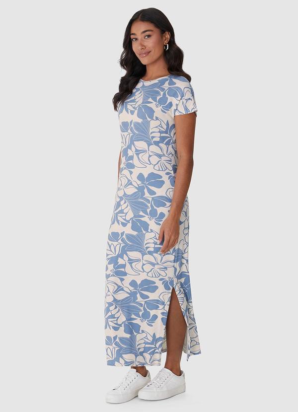 Malwee - Vestido Longo Floral em Viscolinho Azul Claro