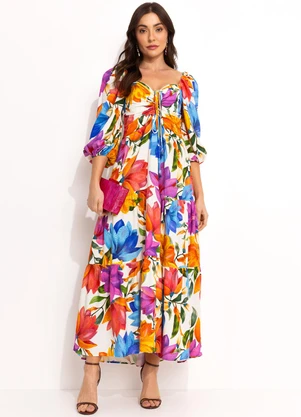 Farm - Vestido Longo Floral em Viscolinho Off White - FARM