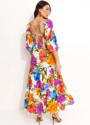Farm - Vestido Longo Floral em Viscolinho Off White - FARM