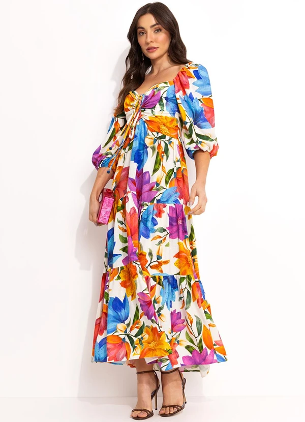 Farm - Vestido Longo Floral em Viscolinho Off White 3