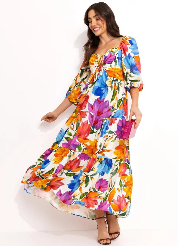 Farm - Vestido Longo Floral em Viscolinho Off White 4