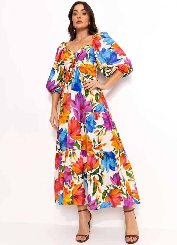 Farm - Vestido Longo Floral em Viscolinho Off White 6