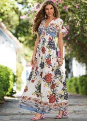 Vestido Longo Floral tnico com Decote Profundo