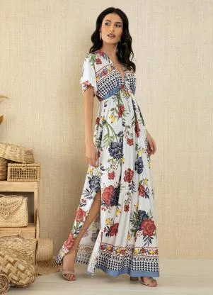 Quintess - Vestido Longo Floral Étnico com Decote Profundo - QUINTESS