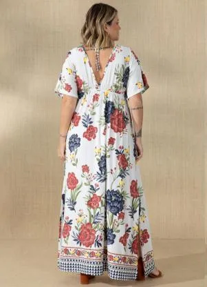 Quintess - Vestido Longo Floral Étnico com Decote Profundo - QUINTESS