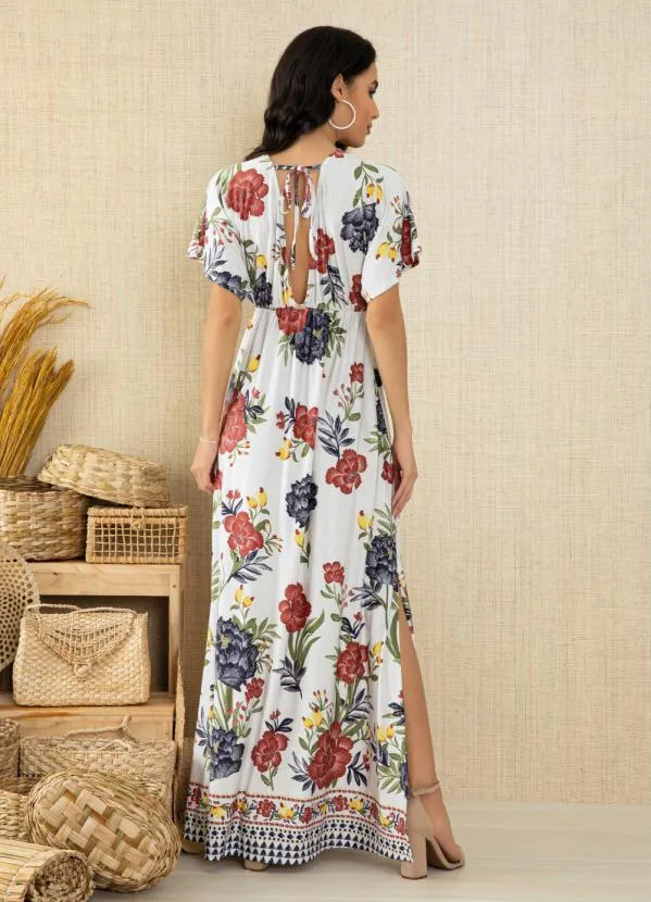 Quintess - Vestido Longo Floral Étnico com Decote Profundo 3