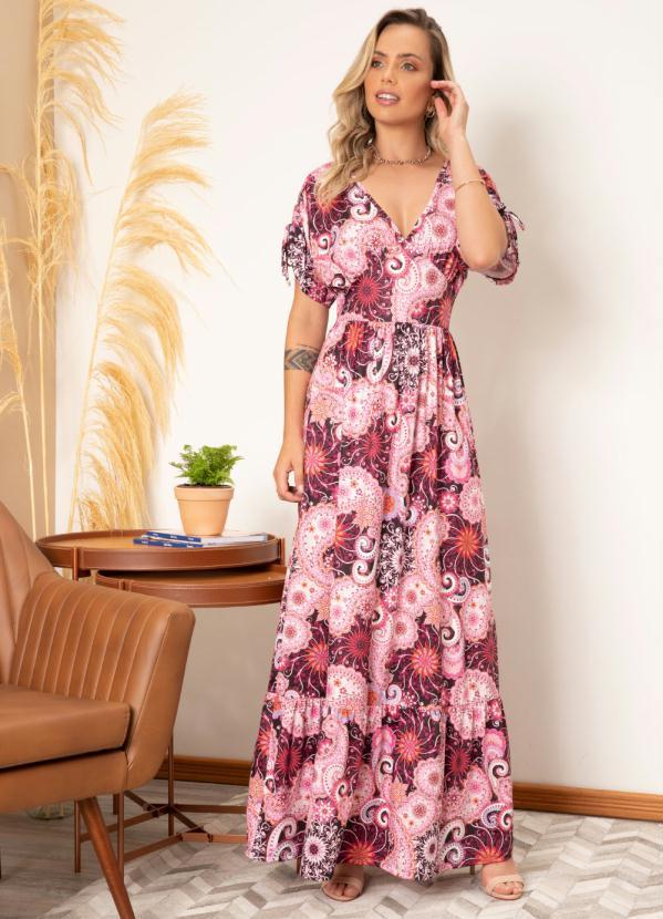 Quintess - Vestido Longo Floral Folk com Amarrações 3