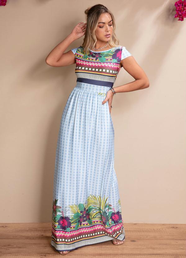Quintess - Vestido Longo Floral Geométrico com Manguinhas 2