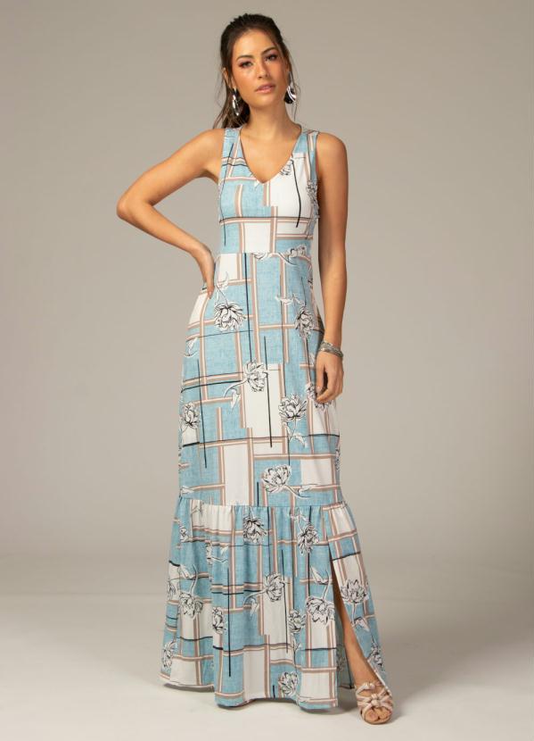 Quintess - Vestido Longo Floral Geométrico sem Mangas