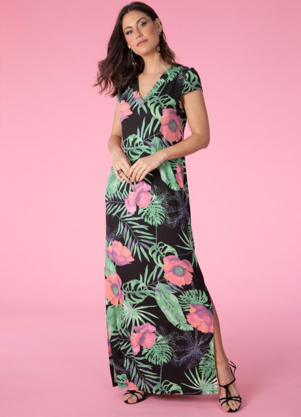 Quintess - Vestido Longo Floral Grande com Fenda
