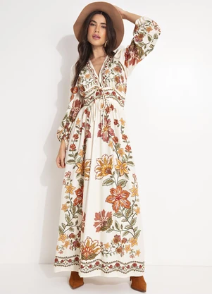 Farm - Vestido Longo Floral Juliana Bege - FARM