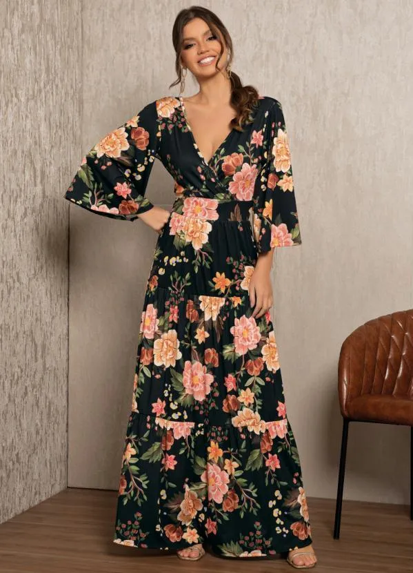 Quintess Vestido Longo Floral Laranja