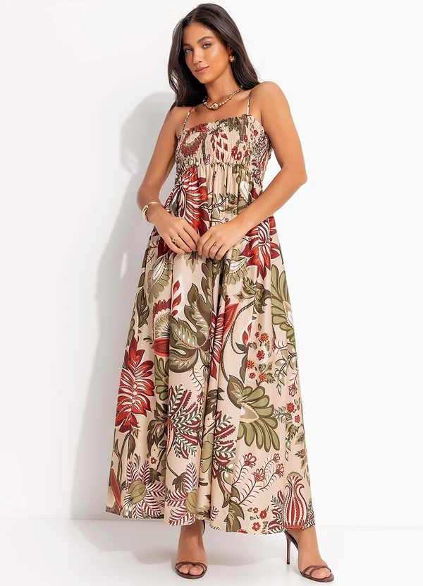 Farm - Vestido Longo Floral Ligia Bege