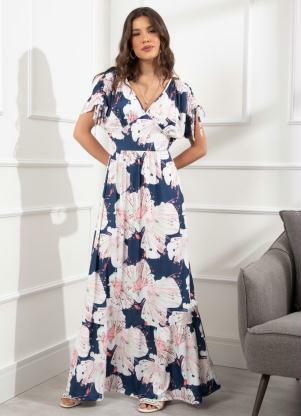 Vestido Longo (Floral Marinho) com Amarraes