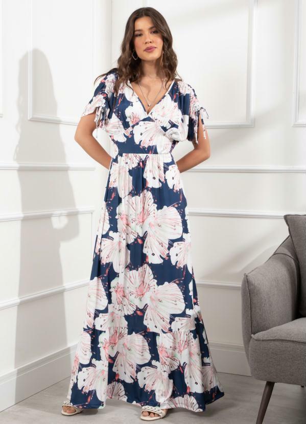 Vestido Longo (Floral Marinho) com Amarraes